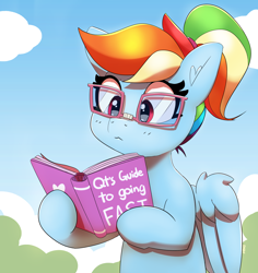 Size: 2792x2959 | Tagged: safe, artist:pabbley, character:rainbow dash, species:pegasus, species:pony, g4, adorkable, alternate hairstyle, book, cloud, cute, cyan smart, dashabetes, dork, ear fluff, egghead, female, glasses, mare, nerd, ponytail, rainbow dork, reading, reading glasses, sky, solo