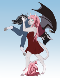 Size: 2550x3300 | Tagged: safe, artist:askbubblelee, oc, oc only, oc:damion bates, oc:rosie quartz, species:anthro, species:bat pony, species:pony, species:unguligrade anthro, species:unicorn, willowverse, g4, adorasexy, alternate universe, backless, bat pony oc, bat wings, biceps, big breasts, blaze (coat marking), blushing, breasts, carrying, cleavage, clothing, coat markings, curved horn, cute, dappled, digital art, ear tufts, eyelashes, female, femdom, gradient background, holding a pony, hooves, horn, legs, leonine tail, male, mare, minidress, muscles, muscular female, ocbetes, over shoulder, over the shoulder, sexy, smiling, smug, socks (coat marking), spanking, stallion, this will end in snu snu, unicorn oc, wings
