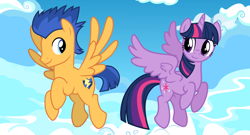 Size: 2064x1114 | Tagged: safe, anonymous artist, artist:cloudyglow, artist:osipush, edit, character:flash sentry, character:twilight sparkle, character:twilight sparkle (alicorn), species:alicorn, species:pegasus, species:pony, ship:flashlight, g4, cloud, female, flying, looking at each other, male, mare, shipping, sky, smiling, stallion, straight, vector, vector edit