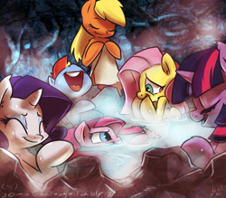 Size: 1371x1200 | Tagged: safe, artist:atryl, character:applejack, character:fluttershy, character:pinkie pie, character:rainbow dash, character:rarity, character:twilight sparkle, species:earth pony, species:pegasus, species:pony, species:unicorn, bath, bathing, cave, chest fluff, colored eyelashes, cute, ear fluff, eyes closed, female, freckles, hatless, hot springs, mane six, mare, missing accessory, onsen, open mouth, outdoors, smiling, towel
