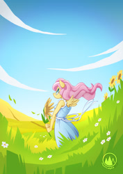 Size: 955x1351 | Tagged: safe, artist:mysticalpha, character:fluttershy, species:anthro, g4, clothing, dress, female, flower, solo