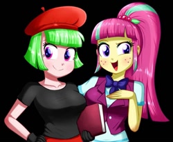 Size: 1005x828 | Tagged: safe, artist:the-butch-x, edit, character:drama letter, character:sour sweet, character:watermelody, g4, my little pony:equestria girls, background human, beret, clothing, crystal prep academy uniform, cute, female, hat, school uniform, shipping, sourbetes, sourmelody