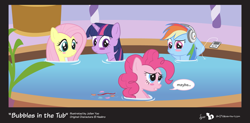 Size: 1417x697 | Tagged: safe, artist:dm29, edit, editor:background pony #91z0, character:fluttershy, character:pinkie pie, character:rainbow dash, character:twilight sparkle, species:earth pony, species:pegasus, species:pony, species:unicorn, g4, bath, blushing, bubble, comic, confetti, embarrassed, fart, farting confetti, female, hot tub, ipod, jacuzzi, mare, spa