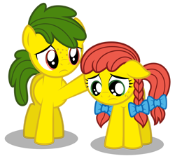 Size: 1280x1180 | Tagged: safe, artist:aleximusprime, oc, oc:annie smith, oc:apple chip, parent:applejack, parent:tex, parents:texjack, species:earth pony, species:pony, g4, apple twins, bow, brother and sister, cheering up, comforting, depressed, female, freckles, male, miserable, offspring, pigtails, sad, siblings, simple background, transparent background, twins