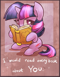Size: 782x1000 | Tagged: safe, artist:atryl, character:twilight sparkle, species:pony, species:unicorn, book, cute, female, filly, holiday, looking at you, solo, twiabetes, valentine's day