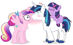 Size: 1600x1000 | Tagged: safe, artist:dm29, character:princess cadance, character:shining armor, character:twilight sparkle, blushing, filly, now kiss, shipper on deck, simple background, transparent background, trio, twilight the shipper, twily, wingboner