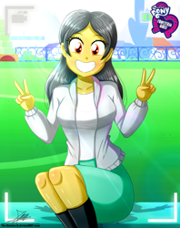 Size: 920x1160 | Tagged: safe, artist:the-butch-x, oc, oc only, oc:danielita, oc:dany melody, species:eqg human, g4, my little pony:equestria girls, blazer, butch's hello, clothing, cute, double peace sign, dress, equestria girls logo, equestria girls-ified, female, grin, hello x, kneesocks, looking at you, peace sign, recording, signature, sitting, smiling, socks, solo