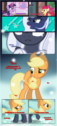 Size: 1919x4225 | Tagged: safe, artist:estories, character:apple bloom, character:applejack, character:twilight sparkle, character:twilight sparkle (alicorn), oc, oc:holly, oc:silverlay, species:alicorn, species:earth pony, species:pony, species:unicorn, comic:a(pple)ffection, g4, comic, dialogue, shipping, show accurate, vector