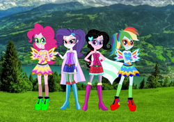 Size: 1111x777 | Tagged: safe, artist:karalovely, artist:selenaede, base used, character:pinkie pie, character:rainbow dash, character:rarity, oc, oc:kara lovely, species:eqg human, g4, my little pony:equestria girls, alternate hairstyle, barbie, barbie: princess power, barely eqg related, boots, cape, clothing, crossed arms, crossover, hairstyle, hands on hip, high heel boots, high heels, looking at you, mask, masks, ponytail, shoes, superhero, wings
