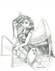 Size: 1000x1290 | Tagged: safe, artist:baron engel, character:fluttershy, species:anthro, species:pegasus, species:pony, g4, breasts, busty fluttershy, clothing, female, mare, monochrome, one-piece swimsuit, pencil drawing, solo, swimming pool, swimsuit, traditional art, wet, wet mane