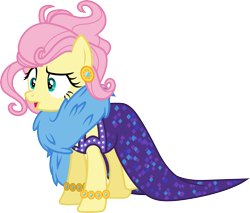 Size: 3515x3000 | Tagged: safe, artist:cloudyglow, character:fluttershy, species:pony, episode:viva las pegasus, g4, my little pony: friendship is magic, .ai available, alternate hairstyle, bracelet, clothing, disguise, dress, female, high res, impossibly rich, jewelry, mare, open mouth, simple background, transparent background, vector