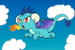 Size: 1000x667 | Tagged: safe, artist:empyu, character:princess ember, species:dragon, g4, my little pony:pony life, cloud, cute, dragoness, emberbetes, female, fire, fire breath, flying, sky, smol, solo, wings, younger
