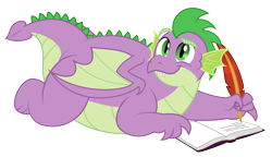 Size: 4558x2624 | Tagged: safe, artist:aleximusprime, character:spike, species:dragon, g4, adult, adult spike, book, chubby, fat, fat spike, male, older, older spike, quill, simple background, solo, transparent background, winged spike