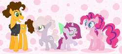Size: 1212x536 | Tagged: safe, artist:bittersweethare, artist:selenaede, base used, character:cheese sandwich, character:pinkie pie, oc, oc:little berry, oc:sugar cube, parent:cheese sandwich, parent:pinkie pie, parents:cheesepie, species:earth pony, species:pony, species:unicorn, ship:cheesepie, g4, alternate hairstyle, clothing, female, filly, grin, male, mare, markings, offspring, open mouth, raised hoof, shipping, shirt, smiling, stallion, straight
