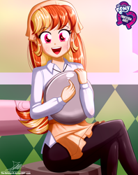Size: 920x1160 | Tagged: safe, artist:the-butch-x, oc, oc only, oc:mandarine mélange, g4, my little pony:equestria girls, butch's hello, crossed legs, cute, equestria girls logo, female, happy, hello x, looking at you, plate, signature, sitting, smiling, solo