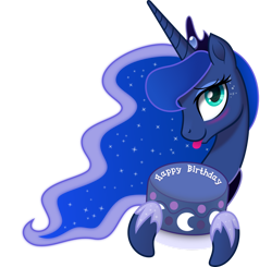 Size: 1280x1252 | Tagged: safe, artist:johnjoseco, artist:negatif22, character:princess luna, species:alicorn, species:pony, g4, .svg available, birthday cake, blep, blushing, bust, cake, cute, female, food, happy birthday, lunabetes, mare, portrait, simple background, solo, tongue out, transparent background, vector