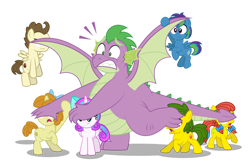 Size: 1280x845 | Tagged: safe, artist:aleximusprime, character:pound cake, character:princess flurry heart, character:pumpkin cake, character:spike, oc, oc:annie smith, oc:apple chip, oc:storm streak, parent:applejack, parent:oc:thunderhead, parent:rainbow dash, parent:tex, parents:canon x oc, parents:texjack, species:alicorn, species:dragon, species:earth pony, species:pegasus, species:pony, species:unicorn, g4, apple twins, bow, cake twins, covering eyes, don't look at it, fat, fat spike, flurry heart's story, freckles, offspring, older, older flurry heart, older pound cake, older pumpkin cake, older spike, peaking, pigtails, shielding face, siblings, simple background, surprised, transparent background, twins, winged spike