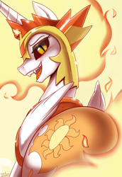 Size: 1200x1746 | Tagged: safe, artist:johnjoseco, character:daybreaker, character:princess celestia, species:alicorn, species:pony, g4, black sclera, butt, daybutt, fangs, female, lidded eyes, looking at you, looking back, looking back at you, mane of fire, mare, open mouth, plot, praise the sun, sharp teeth, signature, solo, teeth