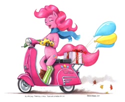 Size: 1250x1024 | Tagged: safe, artist:baron engel, character:pinkie pie, species:earth pony, species:pony, balloon, bipedal, clothing, eyes closed, female, moped, pencil drawing, scarf, socks, solo, traditional art, vespa