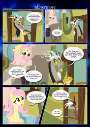 Size: 3259x4607 | Tagged: safe, artist:estories, character:discord, character:fluttershy, species:draconequus, species:pegasus, species:pony, comic:nevermore, g4, dialogue, open mouth, sitting, speech bubble, upside down