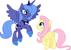 Size: 1613x1120 | Tagged: safe, artist:estories, artist:lunarangel, artist:sunran80, edit, character:fluttershy, character:princess luna, species:alicorn, species:pegasus, species:pony, ship:lunashy, g4, cute, female, flying, happy, lesbian, looking down, looking up, lunabetes, mare, open mouth, raised hoof, s1 luna, shipping, show accurate, shyabetes, simple background, smiling, transparent background, vector, vector edit, wings