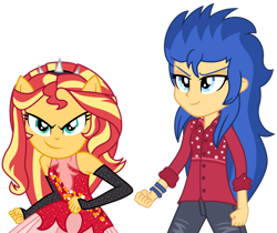 Size: 1024x861 | Tagged: safe, artist:cloudyglow, artist:emeraldblast63, character:flash sentry, character:sunset shimmer, episode:cheer you on, g4, my little pony: equestria girls, my little pony:equestria girls, spoiler:eqg series (season 2), duo, duo female, female, flare warden, ponied up, rule 63, simple background, sleeveless, super ponied up, transparent background