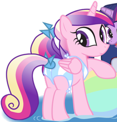 Size: 1102x1141 | Tagged: safe, artist:dm29, character:princess cadance, character:twilight sparkle, g4, beach ball, bikini, butt, clothing, cropped, lovebutt, plot, simple background, solo focus, sunscreen, swimsuit, teen princess cadance, transparent background, water
