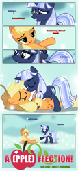 Size: 1919x4225 | Tagged: safe, artist:estories, character:applejack, oc, oc:silverlay, species:earth pony, species:pony, species:unicorn, comic:a(pple)ffection, g4, applejack's hat, canon x oc, clothing, comic, cowboy hat, eyes closed, female, freckles, hat, kissing, lesbian, open mouth, shipping, silverjack, vector