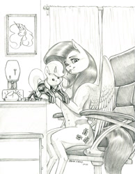 Size: 1000x1286 | Tagged: safe, artist:baron engel, character:fluttershy, character:princess celestia, species:anthro, species:pegasus, species:pony, g4, curtains, female, grayscale, looking at you, mare, monochrome, pencil drawing, pincushion, plushie, sewing machine, sitting, traditional art
