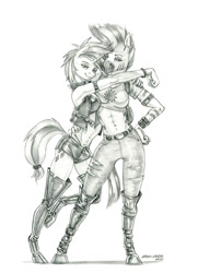 Size: 950x1314 | Tagged: safe, artist:baron engel, character:rarity, character:zecora, species:anthro, species:pony, species:unguligrade anthro, species:zebra, ship:raricora, g4, alternate hairstyle, bare midriff, boots, bracelet, breasts, busty rarity, busty zecora, clothing, digital art, ear piercing, female, grayscale, jewelry, lesbian, mare, monochrome, panties, pencil drawing, piercing, punk, punkity, ripped pants, shipping, shoes, shorts, simple background, sketch, smiling, tank top, thong, traditional art, underwear, vest, white background