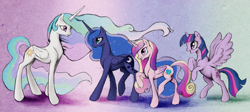 Size: 3346x1500 | Tagged: safe, artist:silfoe, character:princess cadance, character:princess celestia, character:princess luna, character:twilight sparkle, character:twilight sparkle (alicorn), species:alicorn, species:pony, alicorn tetrarchy, eye contact, grin, missing accessory, open mouth, raised hoof, raised leg, rearing, smiling, spread wings, wings