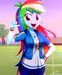 Size: 1784x2163 | Tagged: safe, artist:the-butch-x, character:rainbow dash, species:eqg human, g4, my little pony: equestria girls, my little pony:equestria girls, bleachers, blue skin, breasts, busty rainbow dash, clothing, confident, cute, dashabetes, female, fence, geode of super speed, high res, jacket, leggings, looking at you, magical geodes, multicolored hair, open mouth, open smile, outdoors, pants, pink eyes, rainbow hair, rework, signature, smiling, smiling at you, soccer field, solo, tomboy, tree, wristband