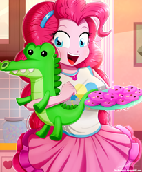 Size: 1784x2163 | Tagged: safe, artist:the-butch-x, character:gummy, character:pinkie pie, species:eqg human, episode:the craft of cookies, g4, my little pony: equestria girls, my little pony:equestria girls, spoiler:eqg series (season 2), alligator, beautiful, blue eyes, candy, clothing, cookie, cute, diapinkes, dress, female, food, geode of sugar bombs, happy, headband, heart, jar, looking at you, magical geodes, male, open mouth, pink hair, plushie, remake, skirt, smiling, smiling at you, solo, tank top, tray