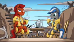 Size: 2560x1440 | Tagged: safe, artist:mysticalpha, oc, oc only, oc:captain sunride, oc:cloud zapper, species:pegasus, species:pony, g4, armor, barbed wire, cup, food, male, pegasus oc, royal guard, royal guard armor, shield, stallion, sword, table, tea, teacup, weapon, wings