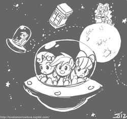 Size: 800x750 | Tagged: safe, artist:johnjoseco, character:apple bloom, character:derpy hooves, character:princess luna, character:scootaloo, character:sweetie belle, species:pegasus, species:pony, moonstuck, cartographer's cap, clothing, cutie mark crusaders, female, grayscale, hat, mare, monochrome, space, tardis, ufo, woona