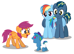 Size: 1920x1410 | Tagged: safe, artist:aleximusprime, character:rainbow dash, character:scootaloo, oc, oc:storm streak, oc:thunderhead, parent:oc:thunderhead, parent:rainbow dash, parents:canon x oc, species:pegasus, species:pony, g4, baby, baby pony, babysitter, babysitting, canon x oc, colt, cute, diaper, excited, father and child, father and son, female, flurry heart's story, foal, male, mother and child, mother and father, mother and son, offspring, pregnant, shipping, simple background, straight, teenage scootaloo, transparent background