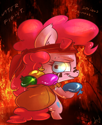 Size: 820x1000 | Tagged: safe, artist:atryl, character:pinkie pie, 30 minute art challenge, balloon, bipedal, colored eyelashes, female, fire, headband, looking back, markings, run, sack, solo, sweat, water balloon