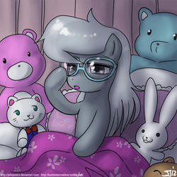 Size: 900x900 | Tagged: safe, artist:johnjoseco, character:silver spoon, species:earth pony, species:pony, g4, adobe imageready, bed, blanket, cute, female, filly, loose hair, morning ponies, pillow, plushie, solo