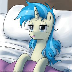 Size: 900x900 | Tagged: safe, artist:johnjoseco, character:allie way, species:pony, species:unicorn, g4, adobe imageready, bed, female, mare, morning ponies, pillow, solo, tongue out