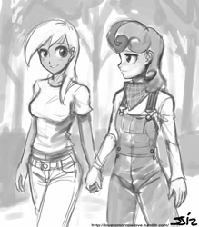 Size: 735x840 | Tagged: safe, artist:johnjoseco, character:apple cobbler, character:bon bon, character:ginger gold, character:sweetie drops, species:human, apple family member, bonbbler, female, grayscale, holding hands, humanized, lesbian, monochrome, overalls, shipping
