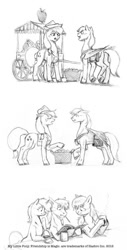 Size: 650x1280 | Tagged: safe, artist:baron engel, character:applejack, oc, oc:carousel, oc:petina, oc:sky brush, comic, grayscale, monochrome, pencil drawing, the happy mare's home journal, traditional art