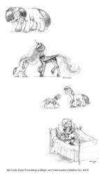 Size: 727x1280 | Tagged: safe, artist:baron engel, character:apple bloom, character:applejack, character:princess luna, character:winona, crying, monochrome, pencil drawing, traditional art