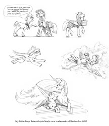 Size: 1107x1280 | Tagged: safe, artist:baron engel, character:granny smith, character:princess celestia, oc, oc:sky brush, grayscale, monochrome, pencil drawing, royal guard, traditional art