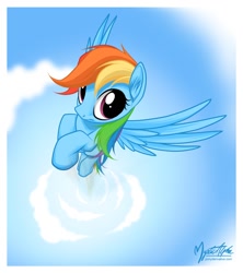 Size: 1052x1186 | Tagged: safe, artist:mysticalpha, character:rainbow dash, species:pegasus, species:pony, cloud, ear fluff, female, flying, looking at you, sky, solo