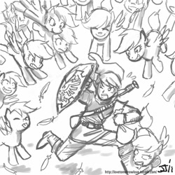 Size: 800x800 | Tagged: safe, artist:johnjoseco, character:scootaloo, species:pegasus, species:pony, biting, cucco, feather, flock, grayscale, link, monochrome, multeity, nintendo, scootachicken, scootaloo can fly, scootalots, the legend of zelda, tongue out