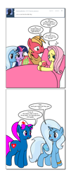 Size: 720x1776 | Tagged: safe, artist:dekomaru, character:big mcintosh, character:fluttershy, character:trixie, character:twilight sparkle, oc, oc:apple blossom, oc:nurse blue, parent:big macintosh, parent:fluttershy, parents:fluttermac, species:earth pony, species:pony, ship:fluttermac, ship:twixie, tumblr:ask twixie, comic, female, foal, lesbian, male, nurse, offspring, shipping, stallion, straight, tumblr