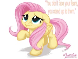 Size: 900x675 | Tagged: safe, artist:mysticalpha, character:fluttershy, cute, female, quote, raised hoof, solo