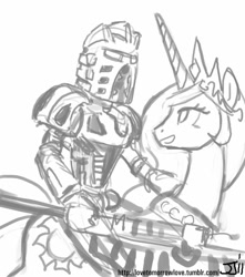 Size: 882x1000 | Tagged: safe, artist:johnjoseco, character:princess celestia, bionicle, crossover, grayscale, lego, monochrome, takanuva, yes so much yes