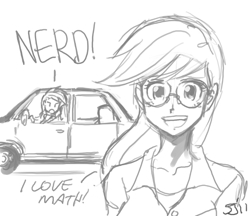 Size: 800x692 | Tagged: safe, artist:johnjoseco, character:applejack, character:rainbow dash, species:human, car, glasses, grayscale, humanized, monochrome, the simpsons