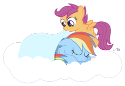 Size: 950x659 | Tagged: safe, artist:dm29, character:rainbow dash, character:scootaloo, species:pegasus, species:pony, blanket, duo, scootalove, simple background, sleeping, transparent background